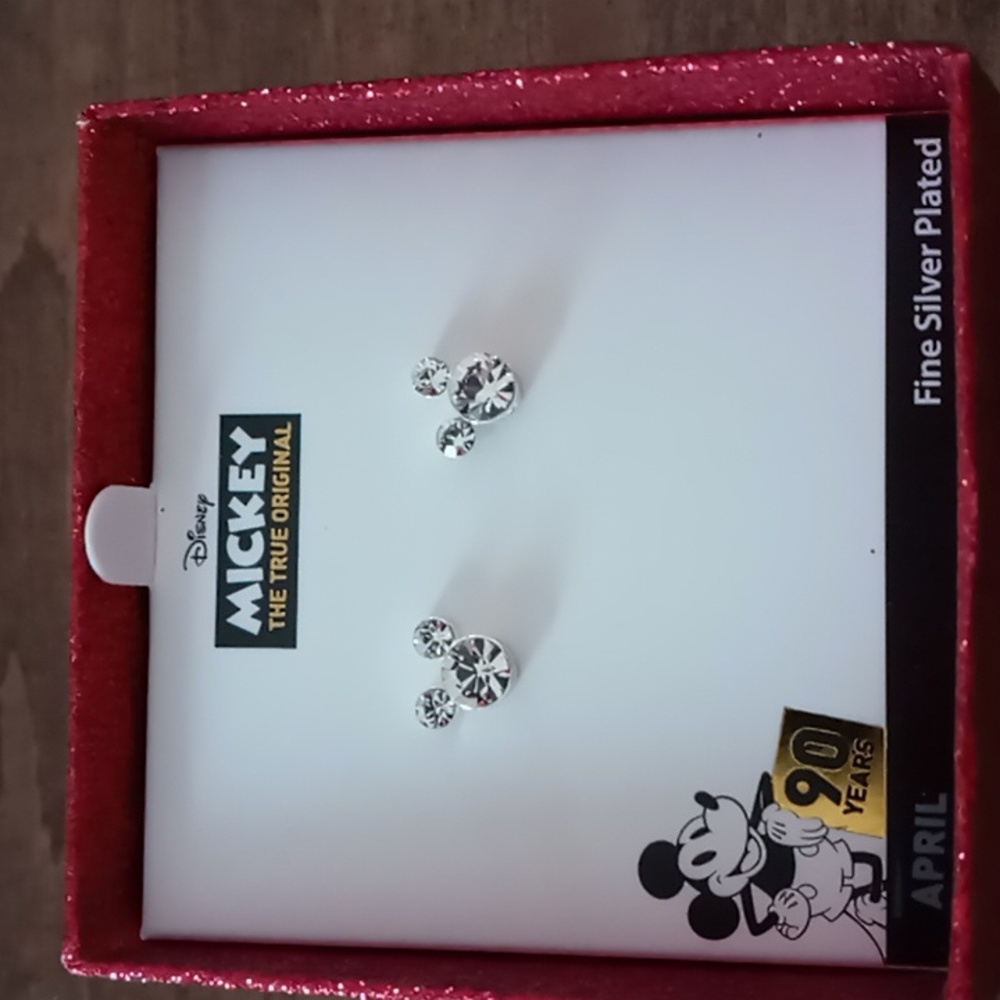 Disney Mickey Mouse Ears Earrings 90 Year Birthstone April Post Earrings NIB - Picture 2 of 4